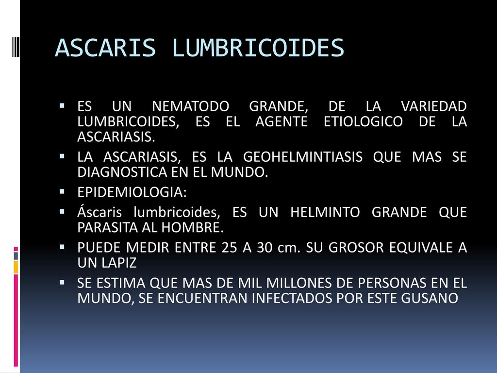 ASCARIS LUMBRICOIDES ES UN NEMATODO GRANDE, DE LA VARIEDAD LUMBRICOIDES, ES EL AGENTE ETIOLOGICO DE LA ASCARIASIS.