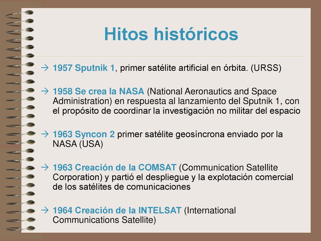 Hitos históricos 1957 Sputnik 1, primer satélite artificial en órbita. (URSS)