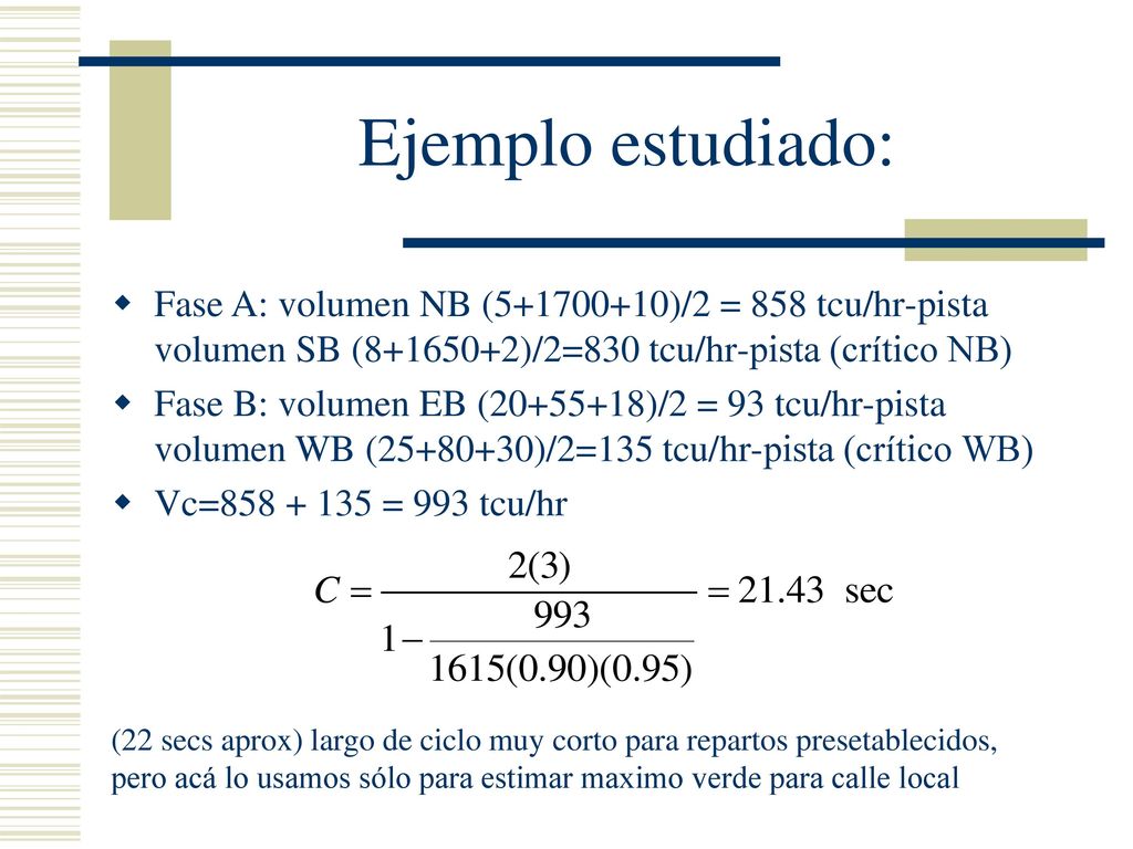 Ejemplo estudiado: Fase A: volumen NB ( )/2 = 858 tcu/hr-pista volumen SB ( )/2=830 tcu/hr-pista (crítico NB)