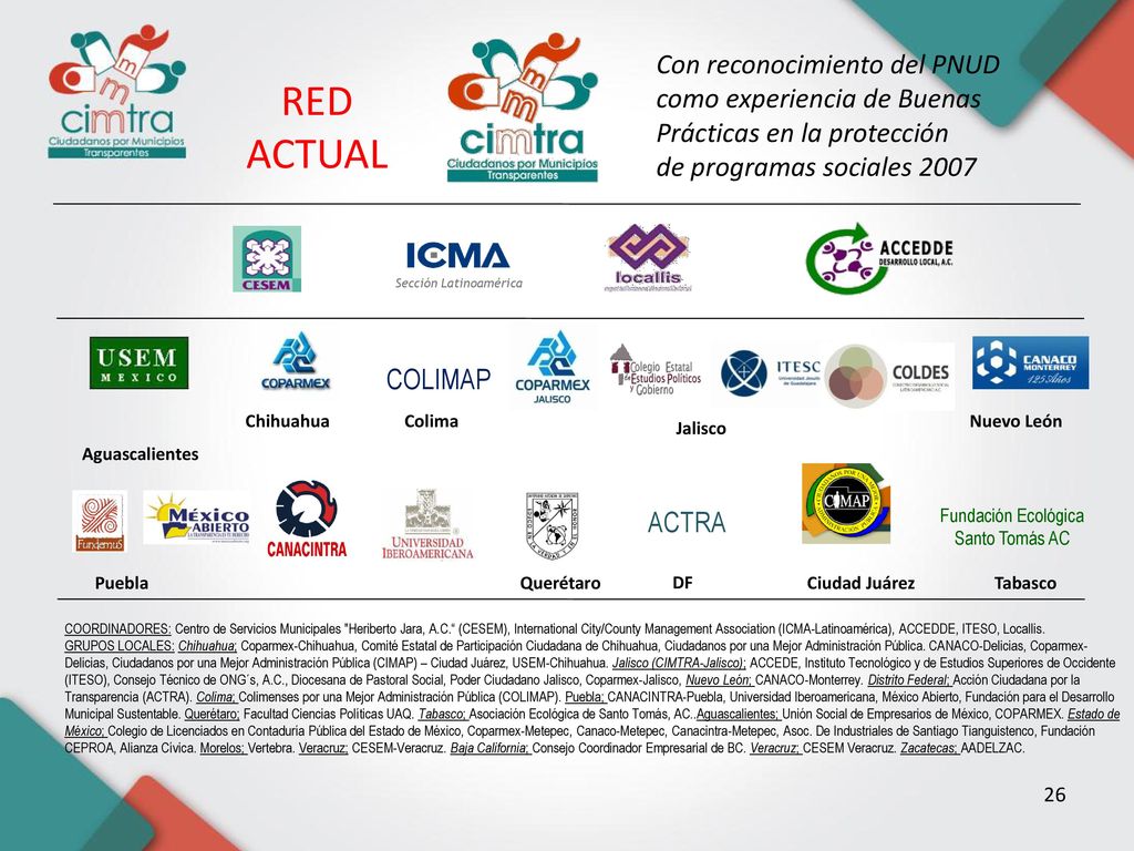 RED ACTUAL Con reconocimiento del PNUD como experiencia de Buenas
