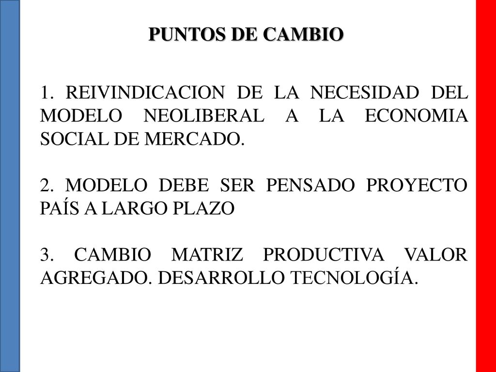 PUNTOS DE CAMBIO 1. REIVINDICACION DE LA NECESIDAD DEL MODELO NEOLIBERAL A LA ECONOMIA SOCIAL DE MERCADO.