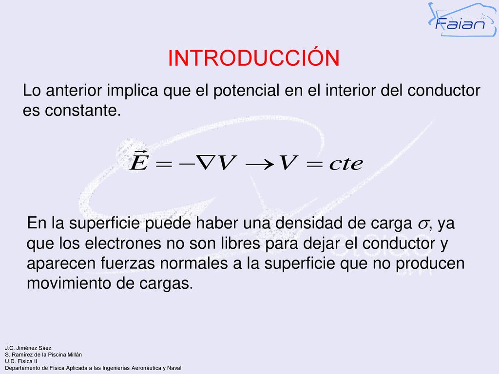 INTRODUCCIÓN Lo anterior implica que el potencial en el interior del conductor es constante.