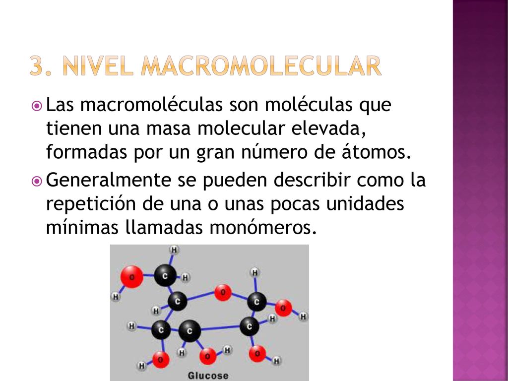 3. Nivel MACROMOLECULAR Las macromoléculas son moléculas que tienen una masa molecular elevada, formadas por un gran número de átomos.