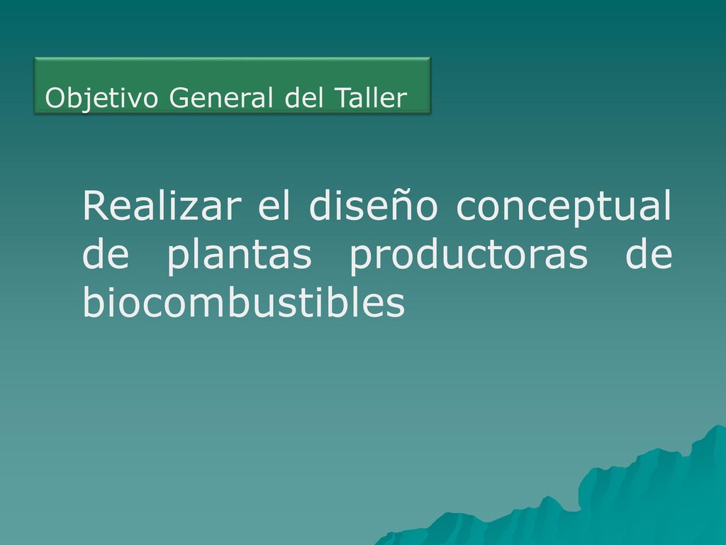 Proceso en Estudio Objetivo General del Taller. Realizar el diseño conceptual de plantas productoras de biocombustibles.