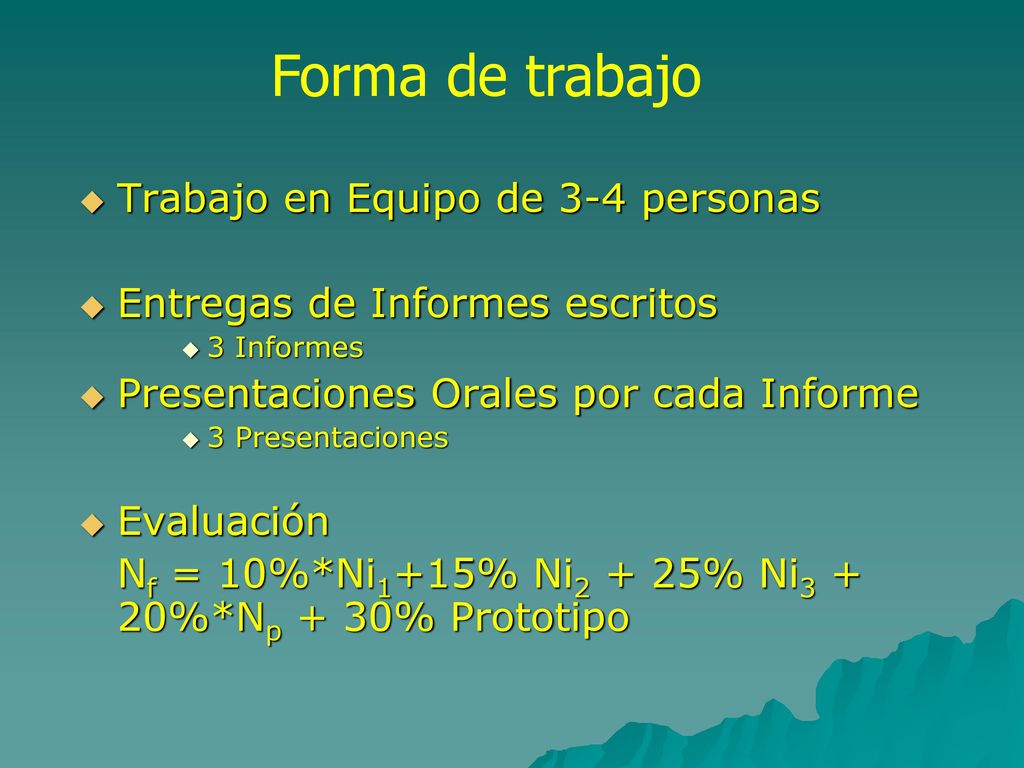 Forma de trabajo Trabajo en Equipo de 3-4 personas