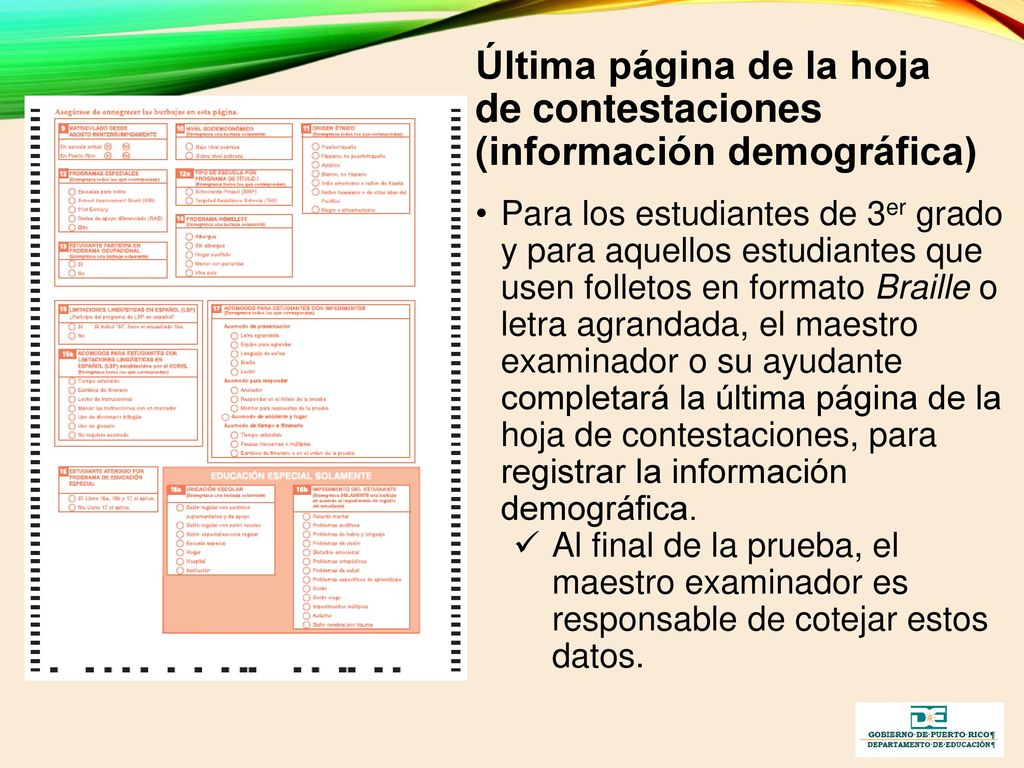 Última página de la hoja de contestaciones (información demográfica)