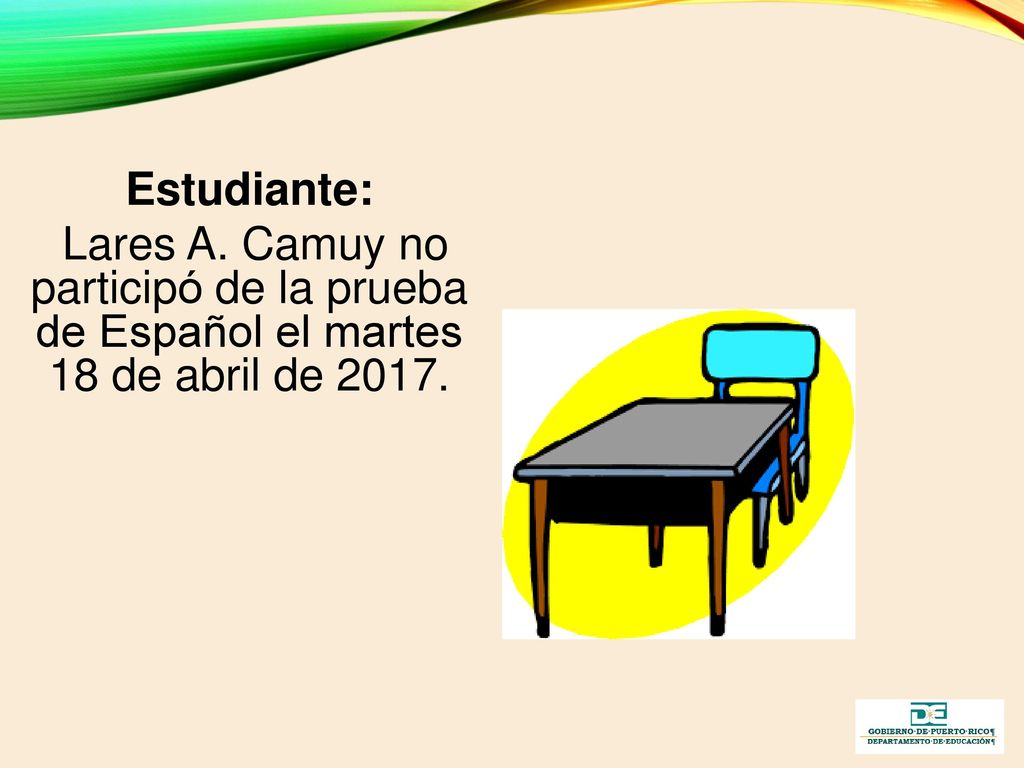 Estudiante: Lares A. Camuy no participó de la prueba de Español el martes 18 de abril de 2017.