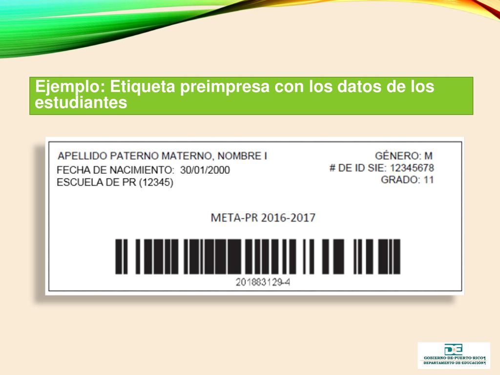 Ejemplo: Etiqueta preimpresa con los datos de los estudiantes