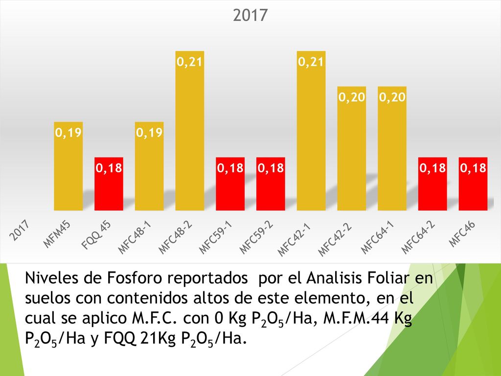 Niveles de Fosforo reportados por el Analisis Foliar en suelos con contenidos altos de este elemento, en el cual se aplico M.F.C.