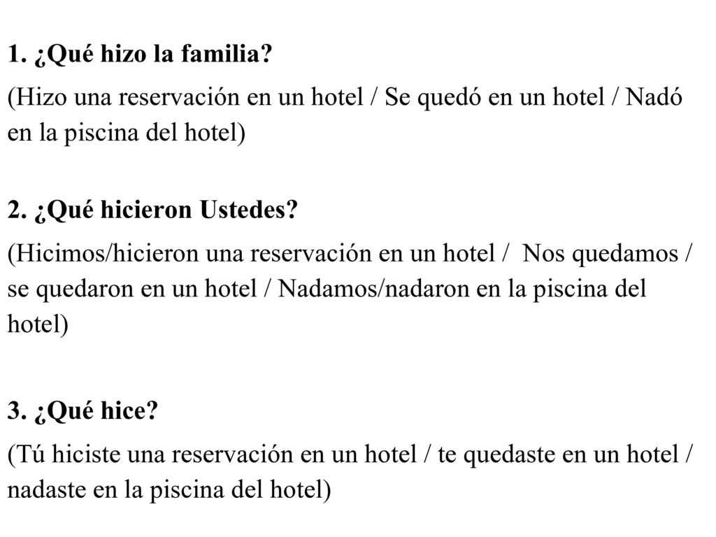 1. ¿Qué hizo la familia (Hizo una reservación en un hotel / Se quedó en un hotel / Nadó en la piscina del hotel)