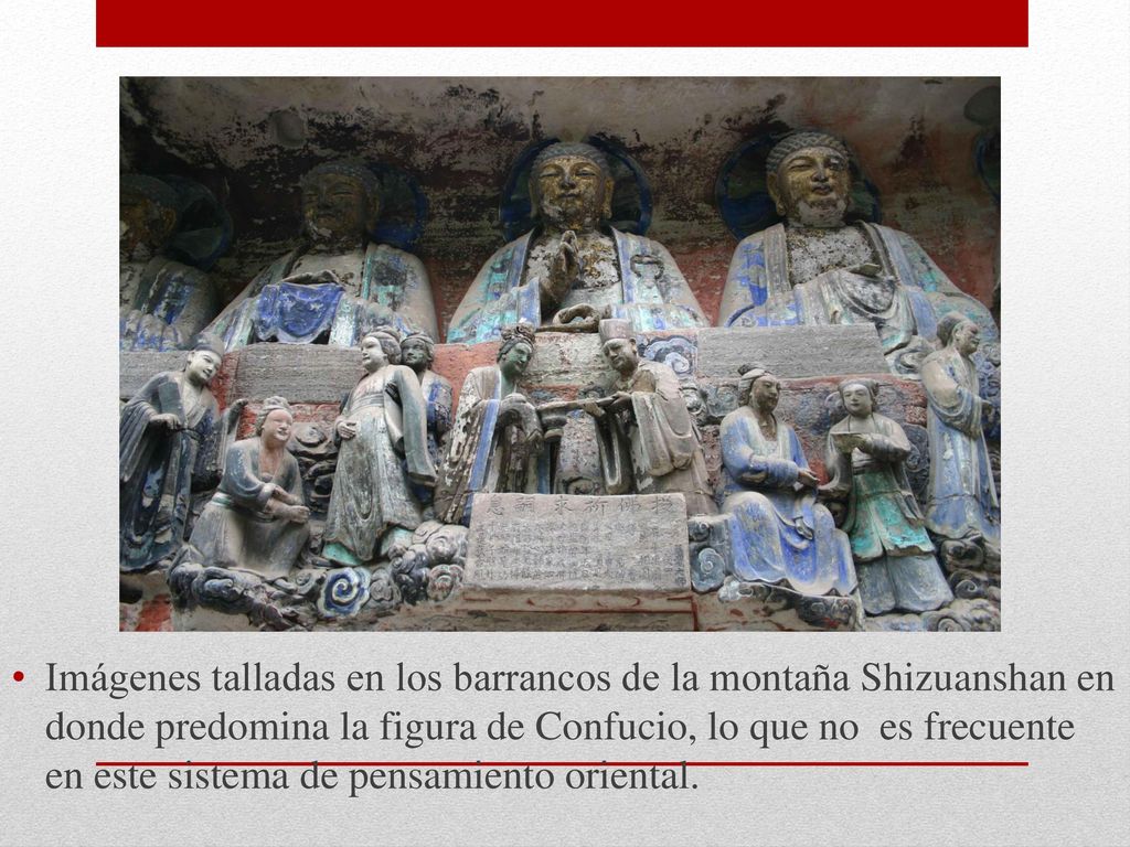 Imágenes talladas en los barrancos de la montaña Shizuanshan en donde predomina la figura de Confucio, lo que no es frecuente en este sistema de pensamiento oriental.