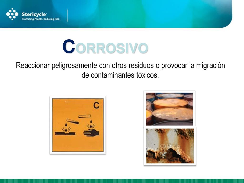 CORROSIVO Reaccionar peligrosamente con otros residuos o provocar la migración de contaminantes tóxicos.