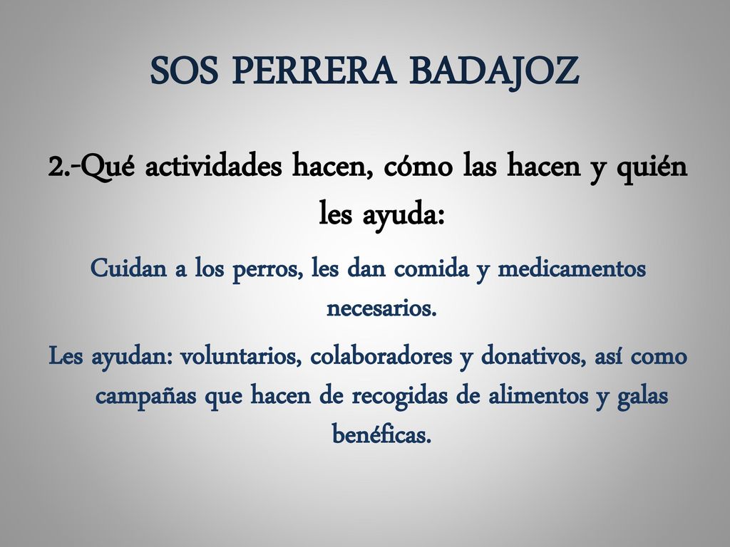 SOS PERRERA BADAJOZ 2.-Qué actividades hacen, cómo las hacen y quién les ayuda: Cuidan a los perros, les dan comida y medicamentos necesarios.