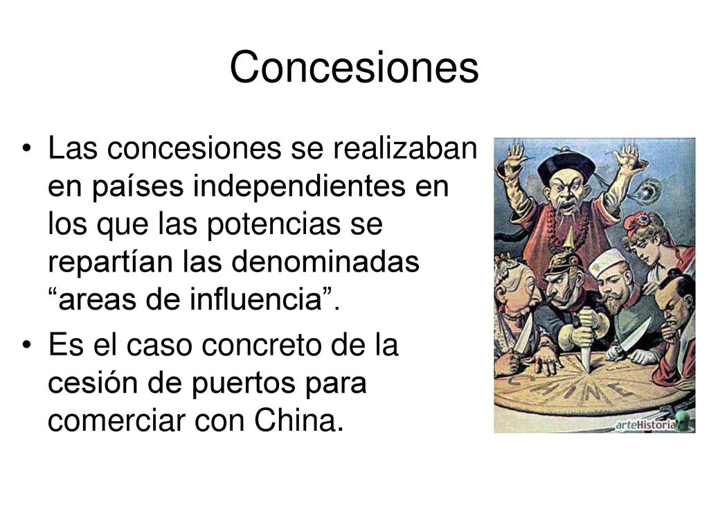 Concesiones Las concesiones se realizaban en países independientes en los que las potencias se repartían las denominadas areas de influencia .