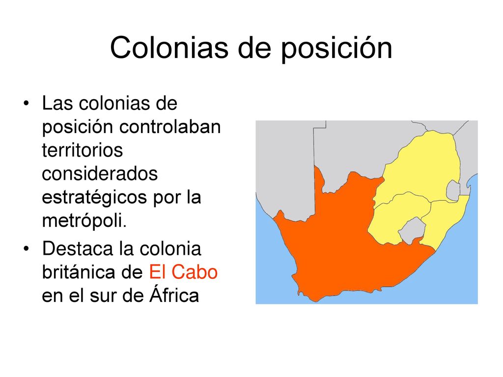 Colonias de posición Las colonias de posición controlaban territorios considerados estratégicos por la metrópoli.