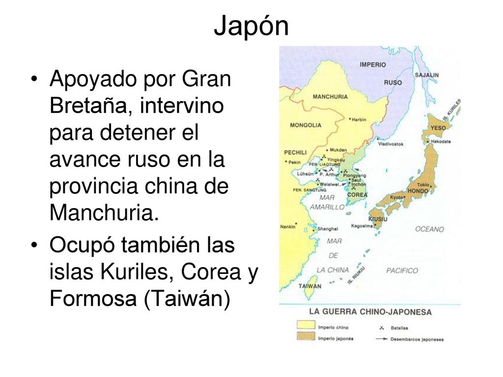 Japón Apoyado por Gran Bretaña, intervino para detener el avance ruso en la provincia china de Manchuria.