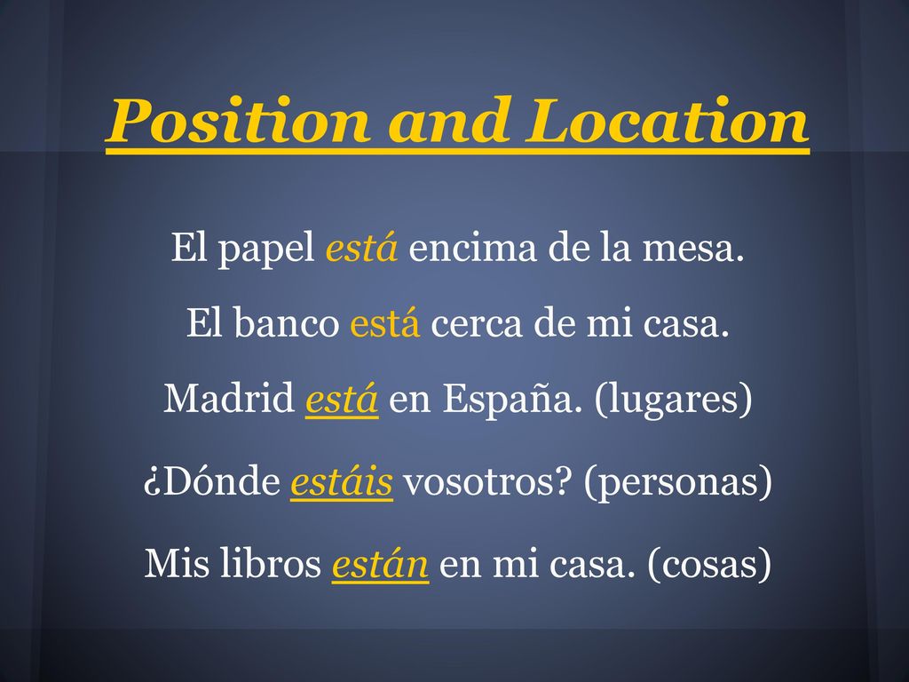 Position and Location El papel está encima de la mesa.