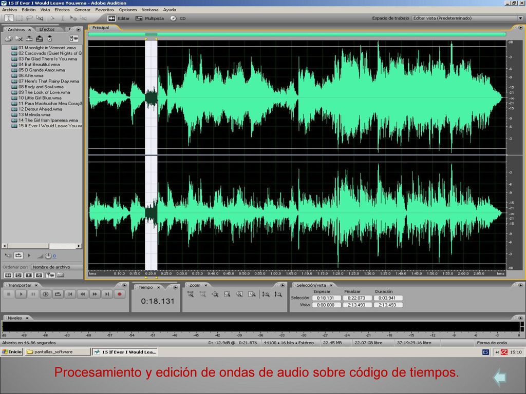 Procesamiento y edición de ondas de audio sobre código de tiempos.