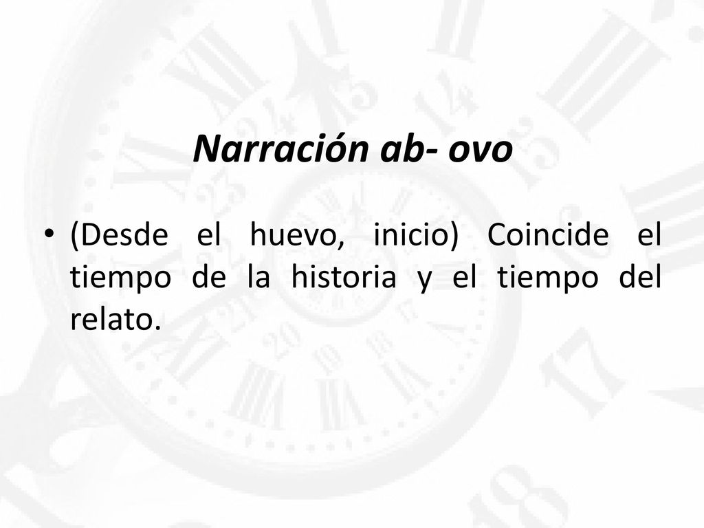 Narración ab- ovo (Desde el huevo, inicio) Coincide el tiempo de la historia y el tiempo del relato.