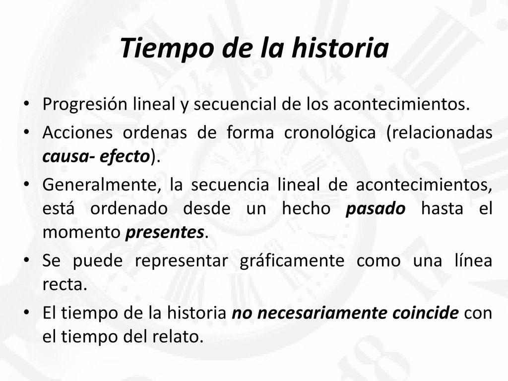 Tiempo de la historia Progresión lineal y secuencial de los acontecimientos. Acciones ordenas de forma cronológica (relacionadas causa- efecto).