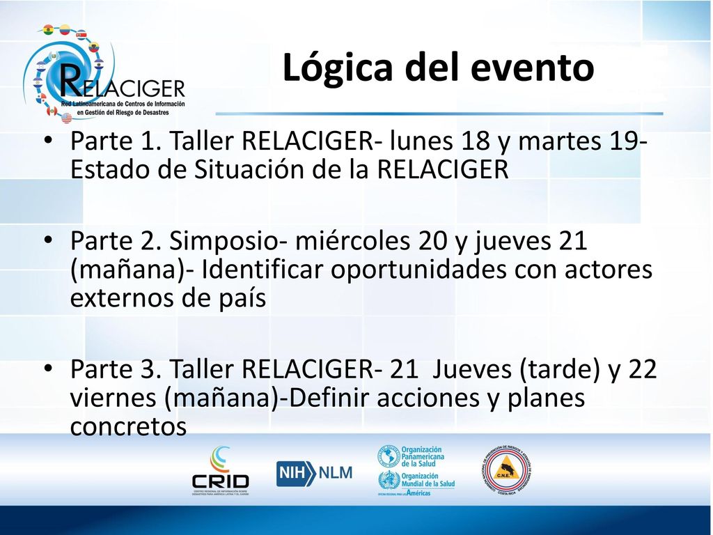 Lógica del evento Parte 1. Taller RELACIGER- lunes 18 y martes 19-Estado de Situación de la RELACIGER.