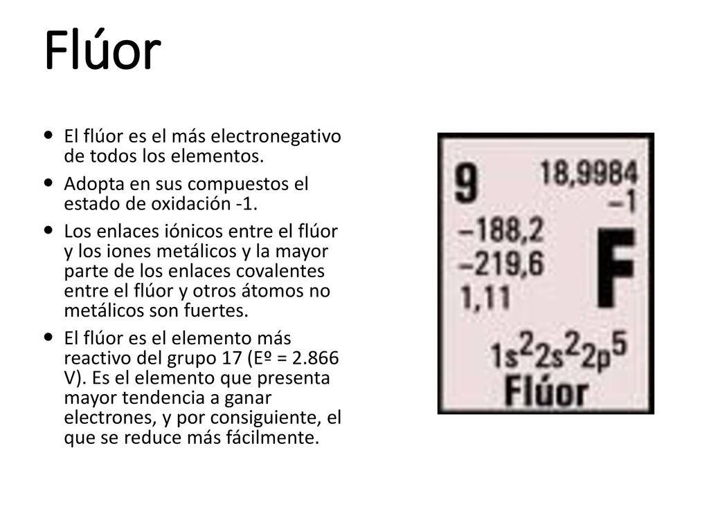 Flúor El flúor es el más electronegativo de todos los elementos.