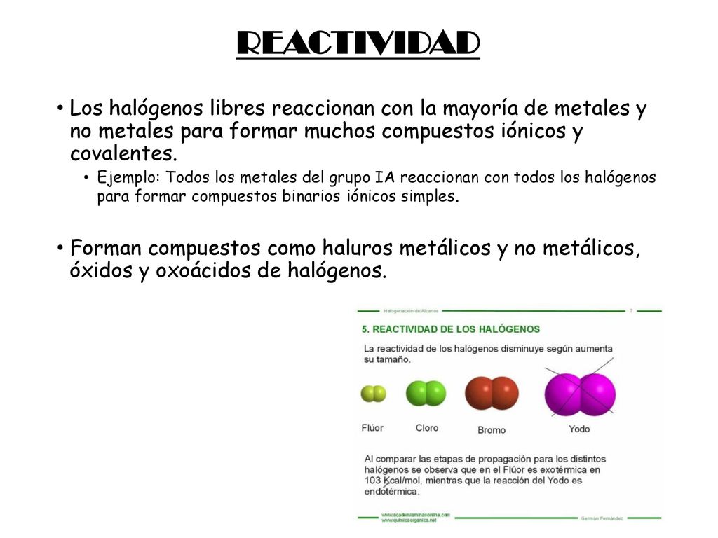 REACTIVIDAD Los halógenos libres reaccionan con la mayoría de metales y no metales para formar muchos compuestos iónicos y covalentes.