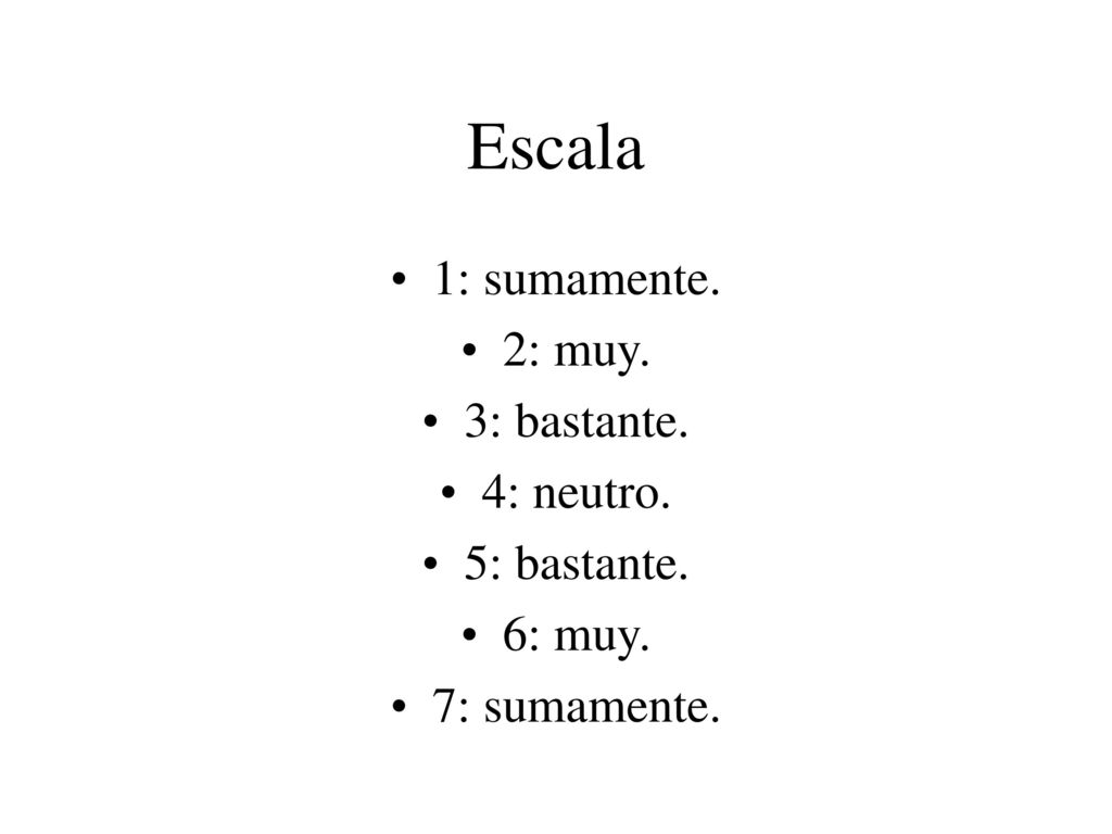 Escala 1: sumamente. 2: muy. 3: bastante. 4: neutro. 5: bastante.
