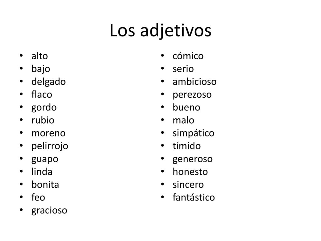 Los adjetivos alto cómico bajo serio delgado ambicioso flaco perezoso