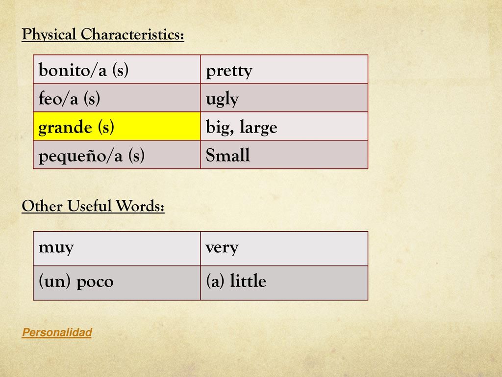 bonito/a (s) pretty feo/a (s) ugly grande (s) big, large pequeño/a (s)