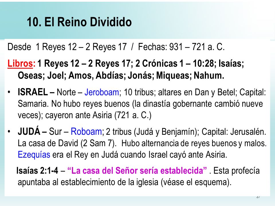 10. El Reino Dividido Desde 1 Reyes 12 – 2 Reyes 17 / Fechas: 931 – 721 a. C.