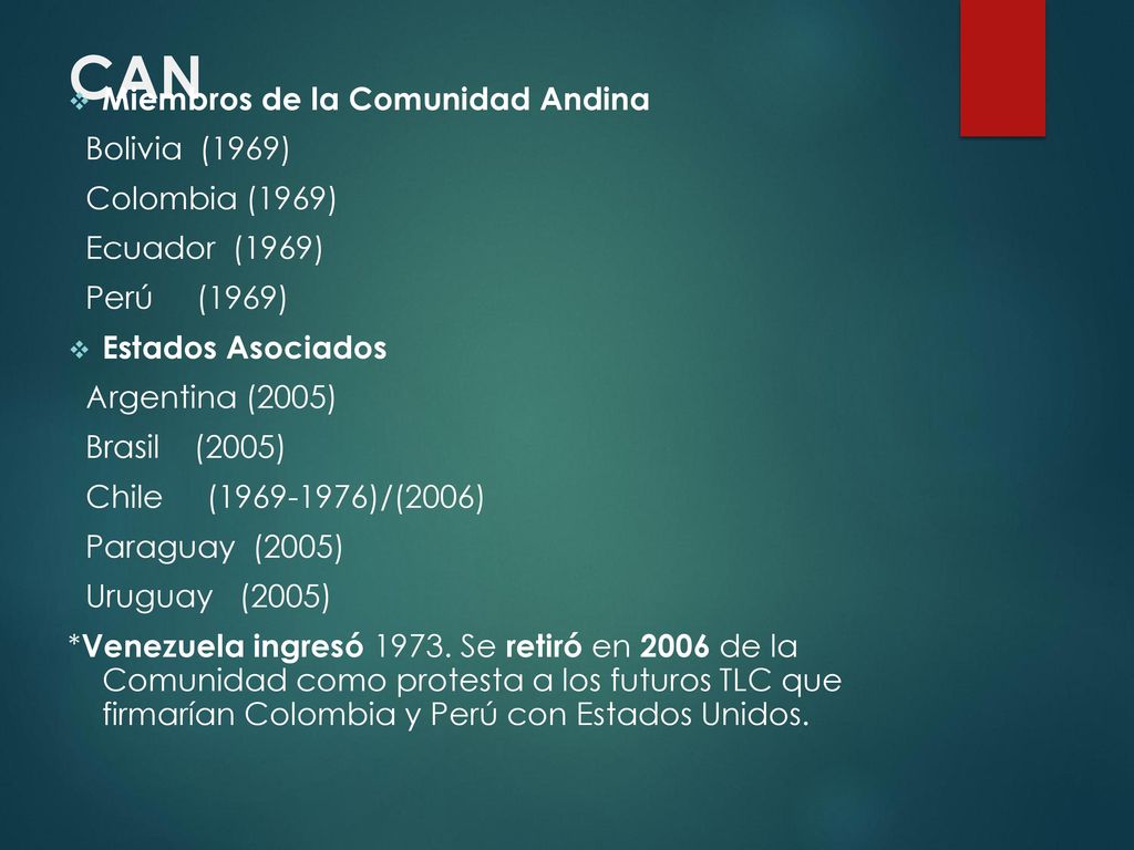 CAN Miembros de la Comunidad Andina Bolivia (1969) Colombia (1969)