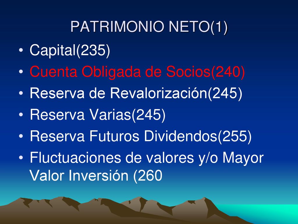 PATRIMONIO NETO(1) Capital(235) Cuenta Obligada de Socios(240) Reserva de Revalorización(245) Reserva Varias(245)