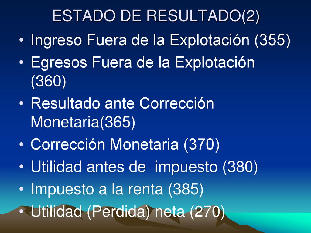 ESTADO DE RESULTADO(2) Ingreso Fuera de la Explotación (355) Egresos Fuera de la Explotación (360)
