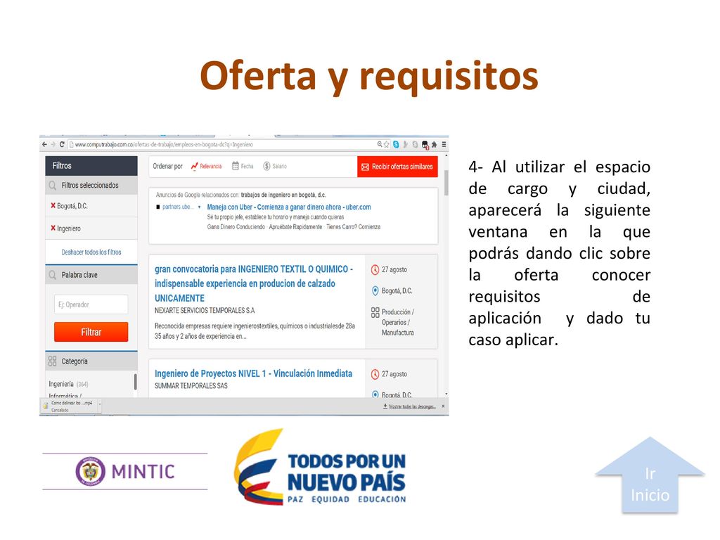 Al utilizar el espacio de cargo y ciudad, aparecerá la siguiente ventana en la que podrás dando clic sobre la oferta conocer requisitos de aplicación y dado tu caso aplicar.