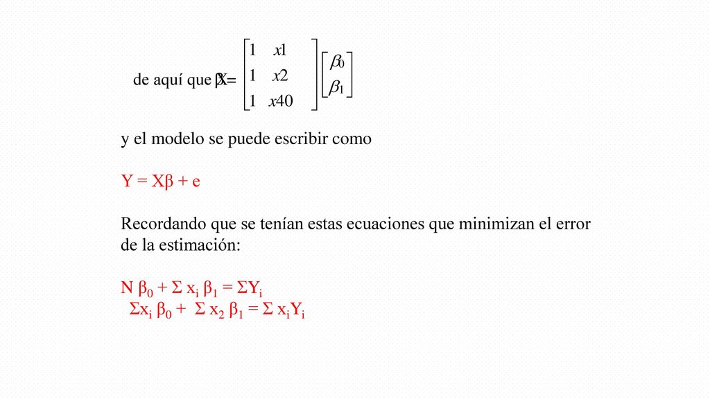 y el modelo se puede escribir como Y = Xβ + e