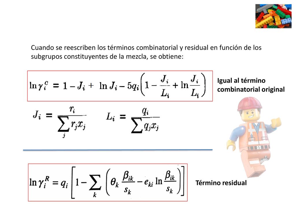 Cuando se reescriben los términos combinatorial y residual en función de los subgrupos constituyentes de la mezcla, se obtiene: