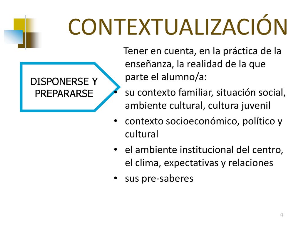 CONTEXTUALIZACIÓN Tener en cuenta, en la práctica de la enseñanza, la realidad de la que parte el alumno/a: