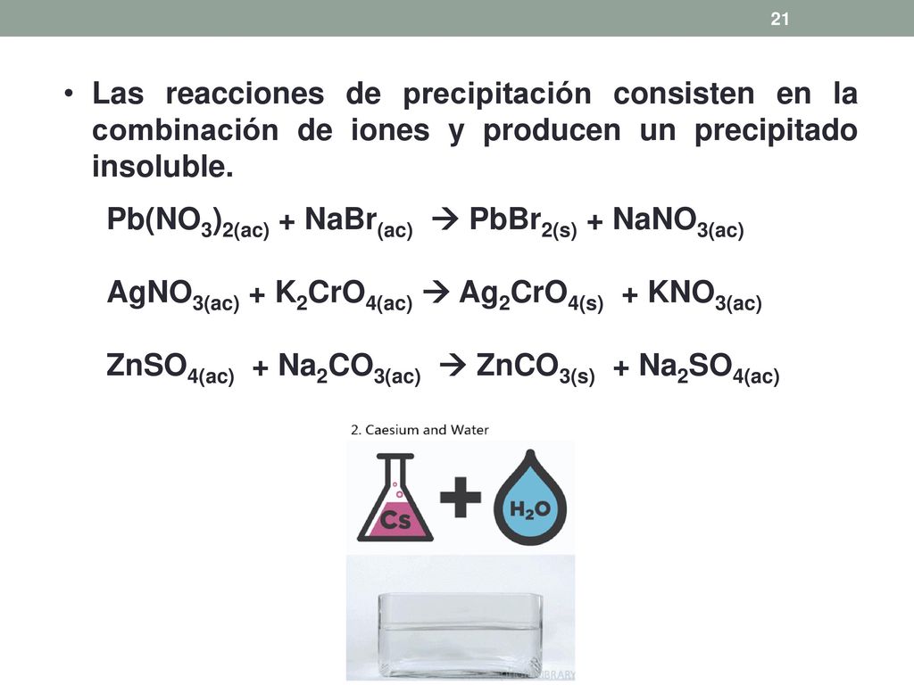 Las reacciones de precipitación consisten en la combinación de iones y producen un precipitado insoluble.