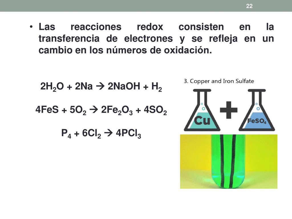Las reacciones redox consisten en la transferencia de electrones y se refleja en un cambio en los números de oxidación.