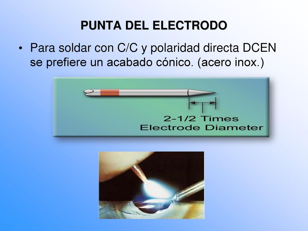 PUNTA DEL ELECTRODO Para soldar con C/C y polaridad directa DCEN se prefiere un acabado cónico.