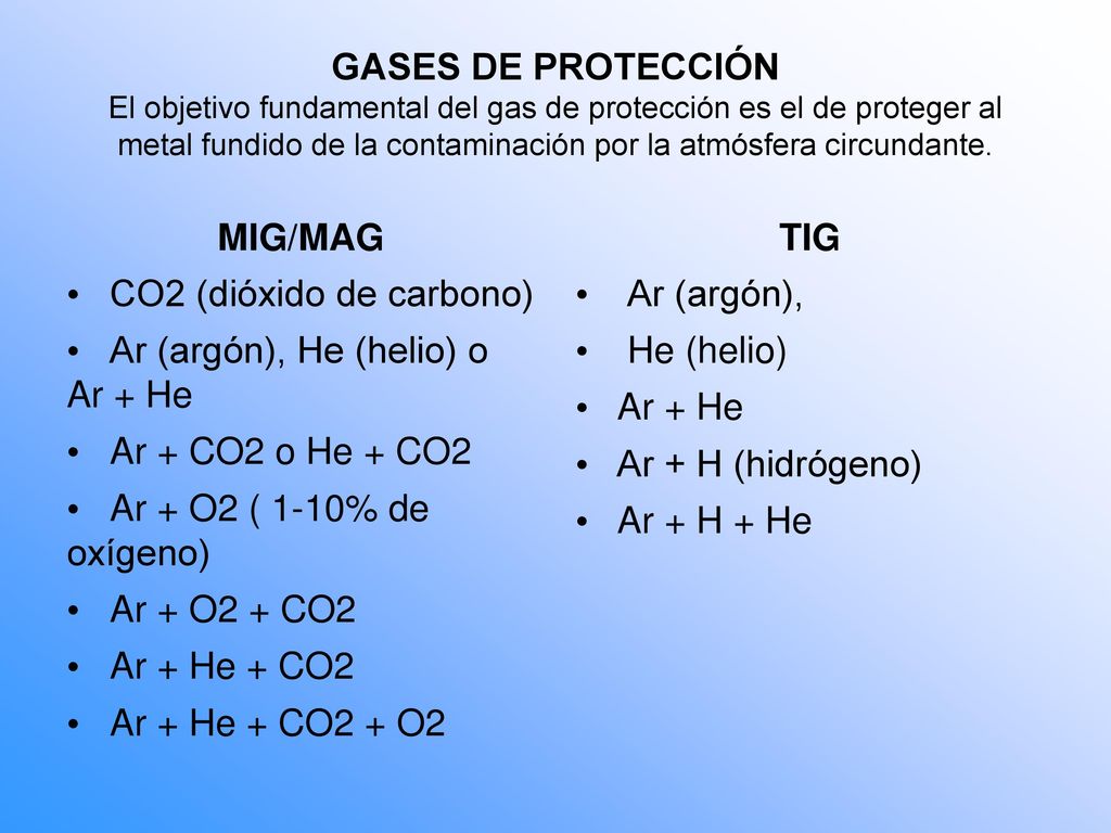 GASES DE PROTECCIÓN El objetivo fundamental del gas de protección es el de proteger al metal fundido de la contaminación por la atmósfera circundante.