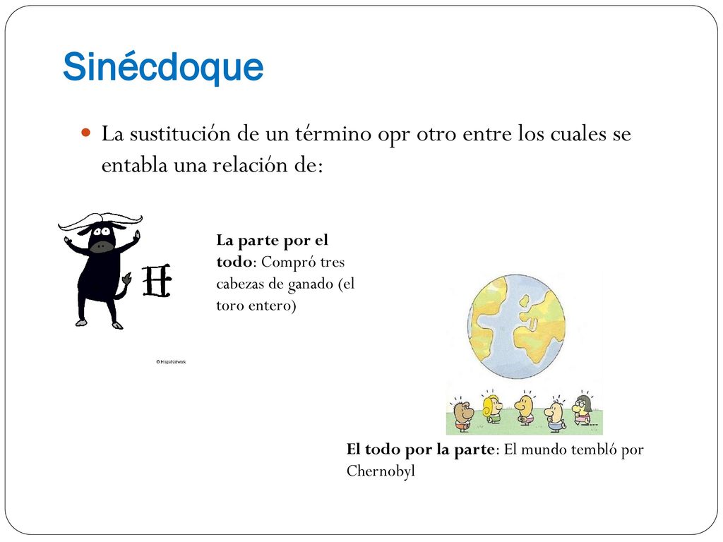 Sinécdoque La sustitución de un término opr otro entre los cuales se entabla una relación de: