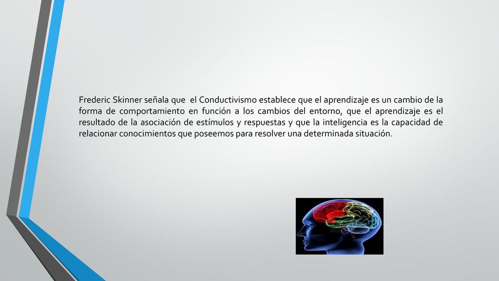 Frederic Skinner señala que el Conductivismo establece que el aprendizaje es un cambio de la forma de comportamiento en función a los cambios del entorno, que el aprendizaje es el resultado de la asociación de estímulos y respuestas y que la inteligencia es la capacidad de relacionar conocimientos que poseemos para resolver una determinada situación.