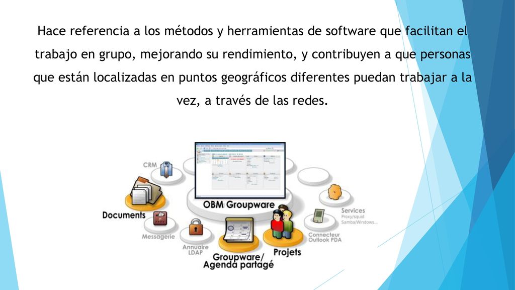 Hace referencia a los métodos y herramientas de software que facilitan el trabajo en grupo, mejorando su rendimiento, y contribuyen a que personas que están localizadas en puntos geográficos diferentes puedan trabajar a la vez, a través de las redes.