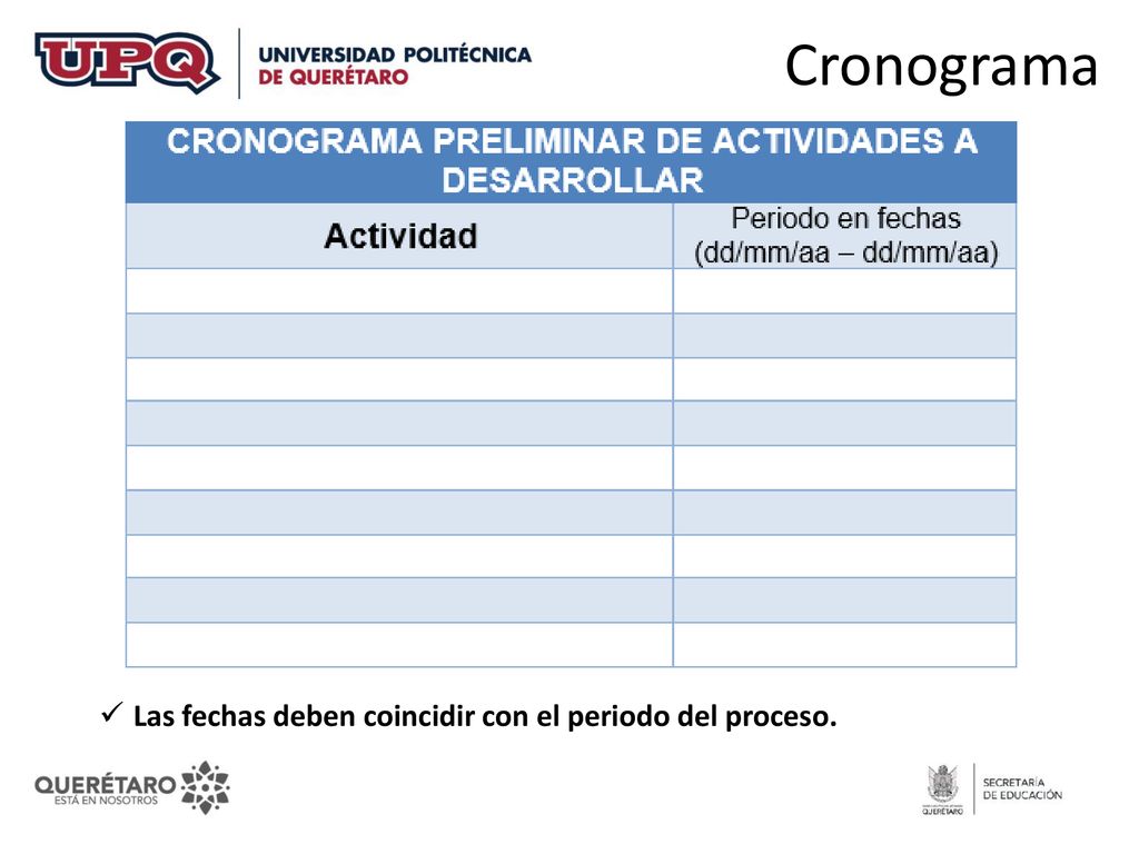 Cronograma Las fechas deben coincidir con el periodo del proceso.