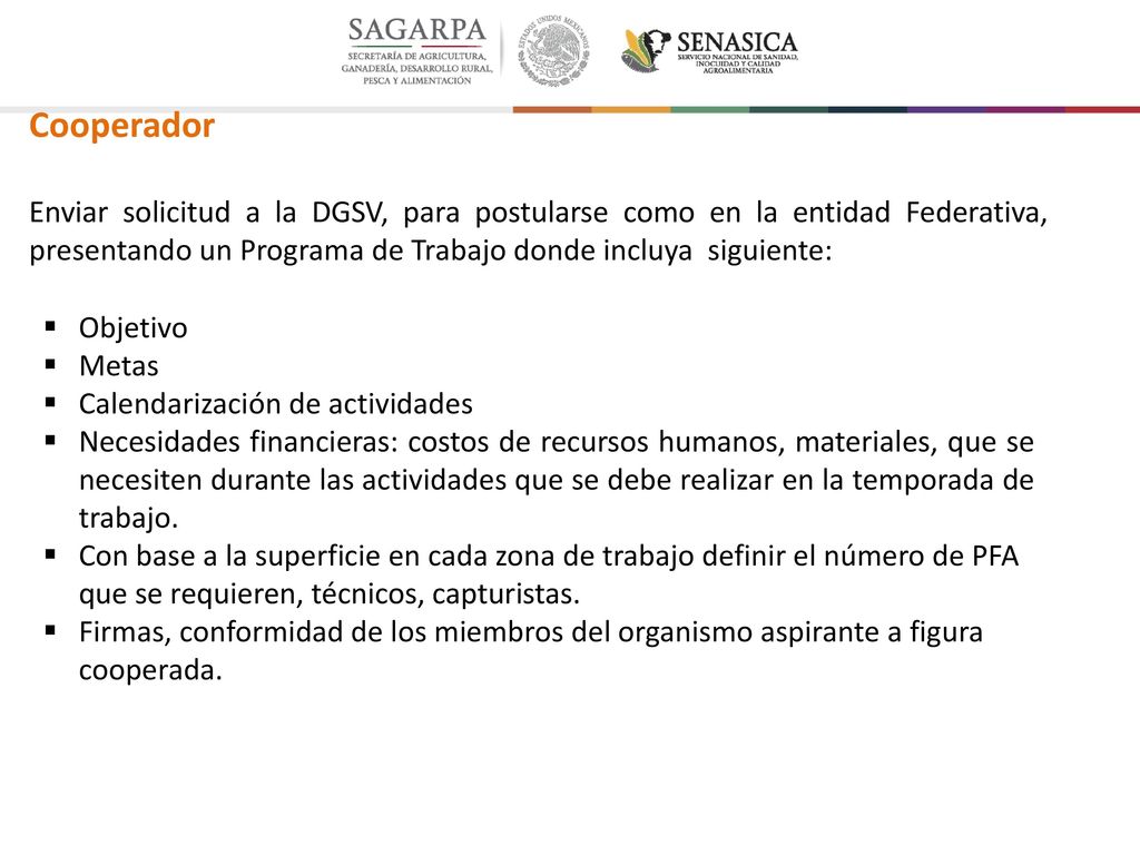 Cooperador Enviar solicitud a la DGSV, para postularse como en la entidad Federativa, presentando un Programa de Trabajo donde incluya siguiente: