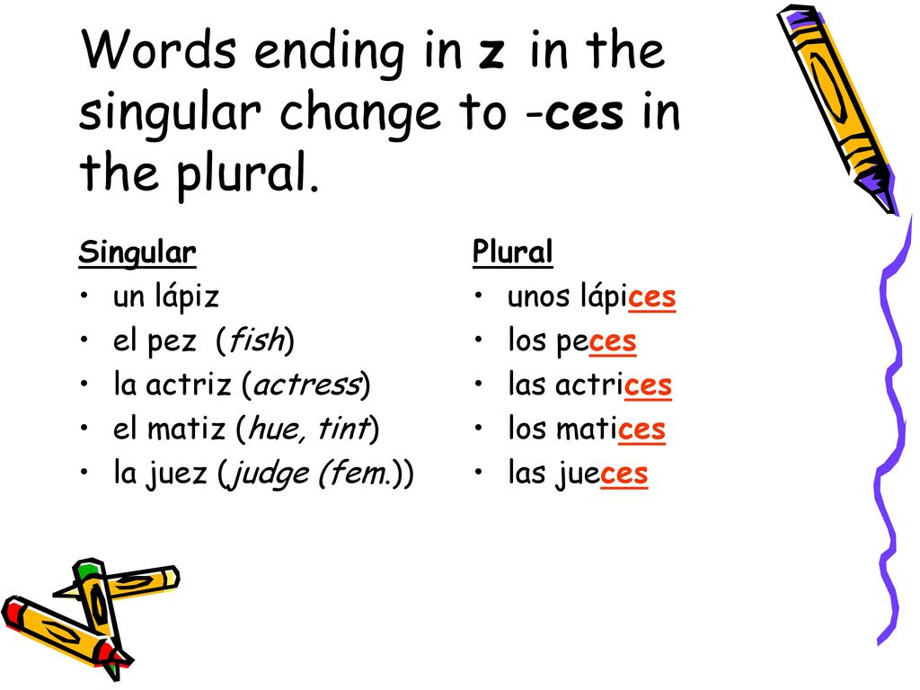 Words ending in z in the singular change to -ces in the plural.