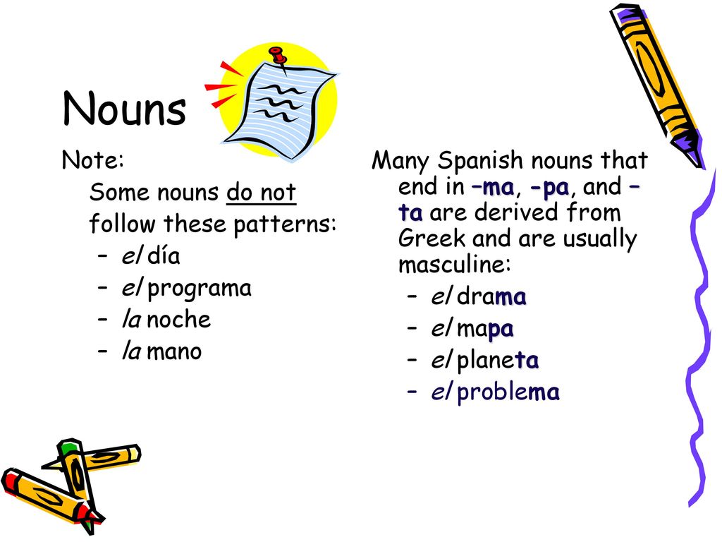 Nouns Note: Some nouns do not follow these patterns: el día