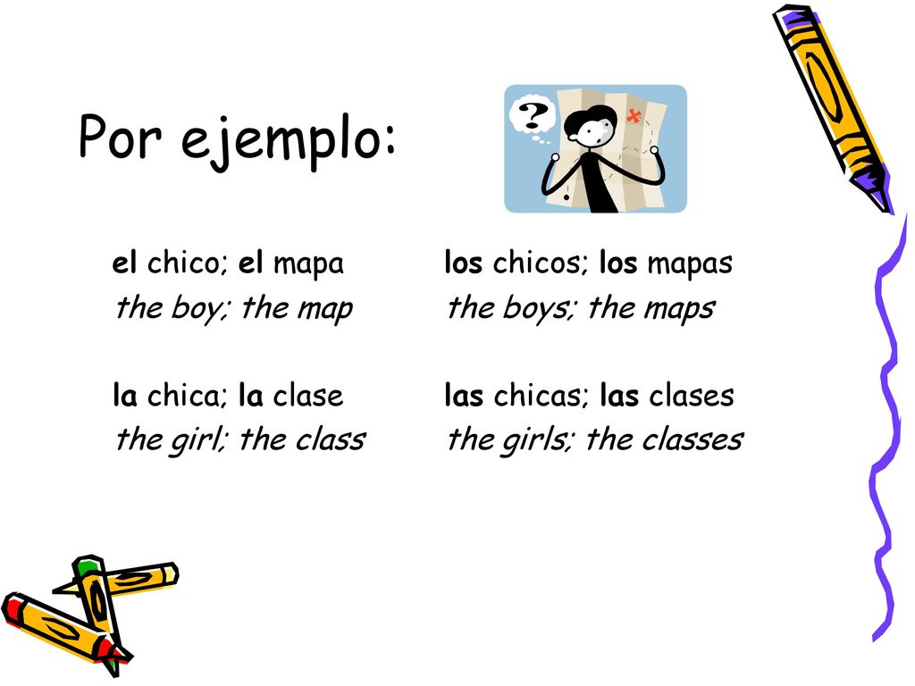 Por ejemplo: el chico; el mapa los chicos; los mapas